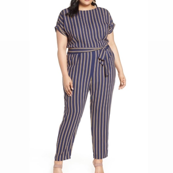 Halogen Navy Blue Yellow Striped Short Sleeve Slim Leg Jumpsuit Nordstrom - Picture 1 of 9
